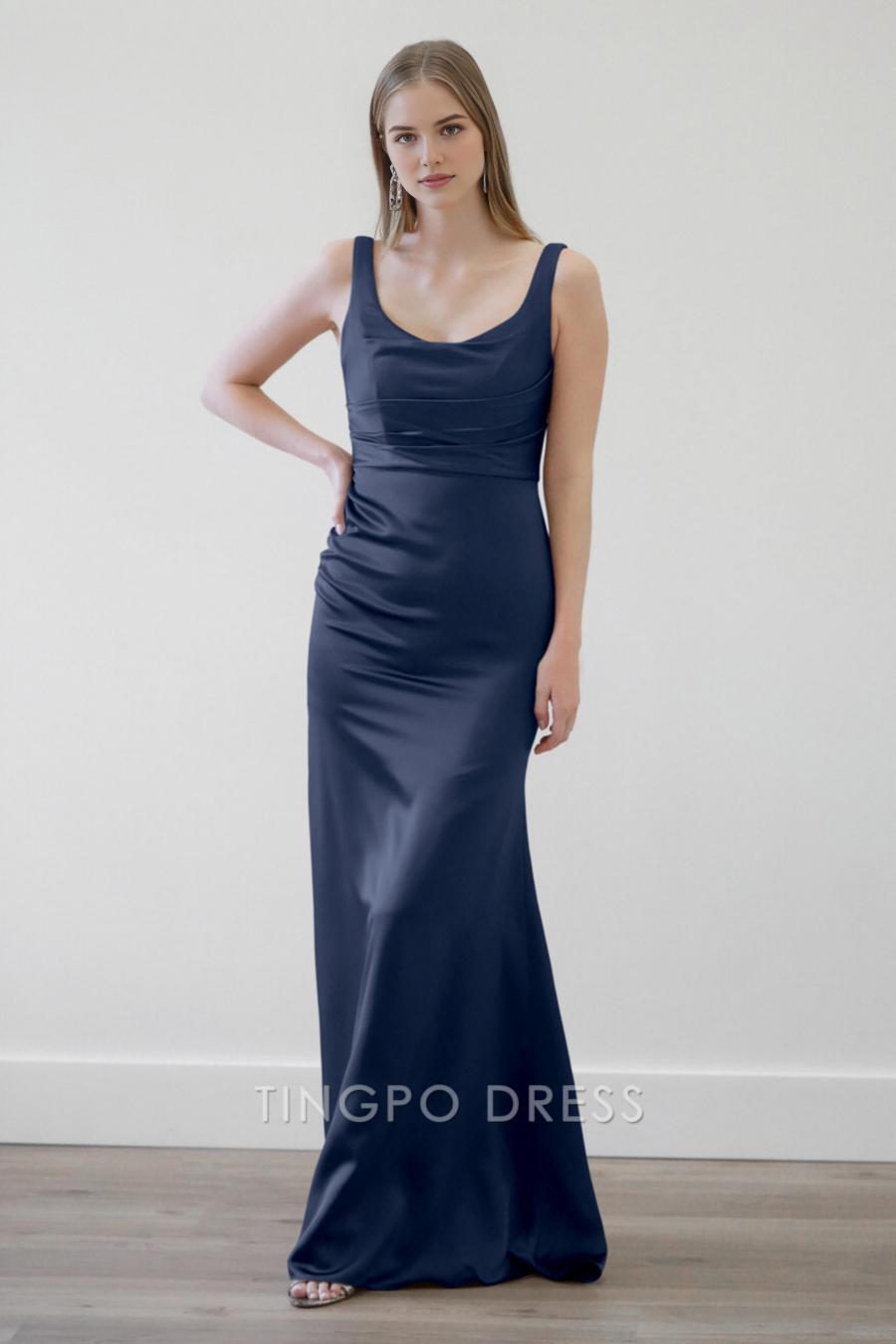 TingPo Wholesale Elegant Tight/columnar silk satin thin shoulder strap sleeveless sweeping train leg long dress
